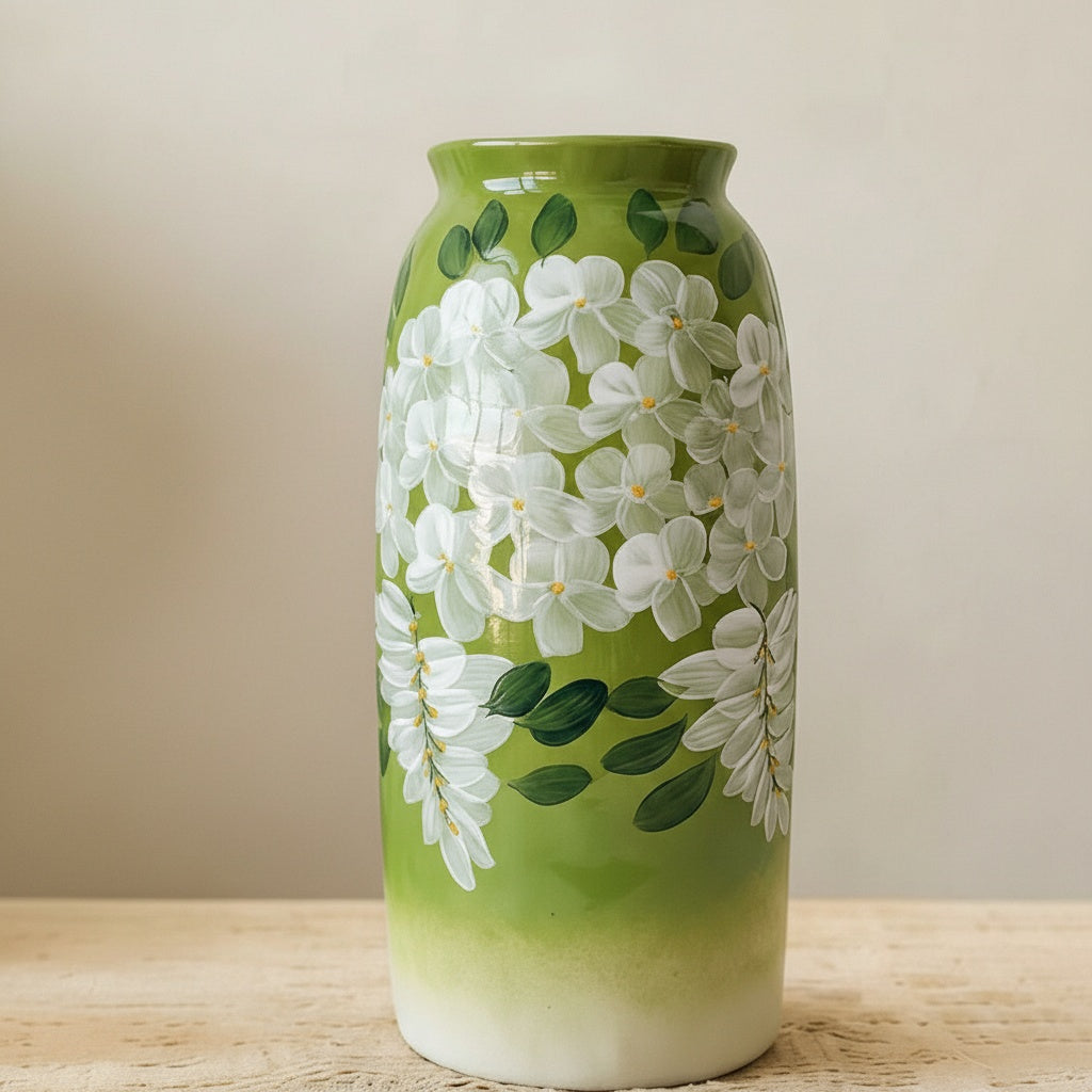 Close up of green ceramic vase with white flowers