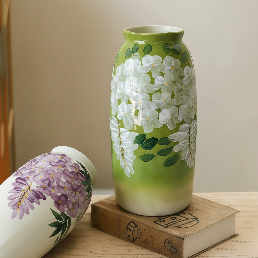 Green vase standing and white vase laying on side showing rim