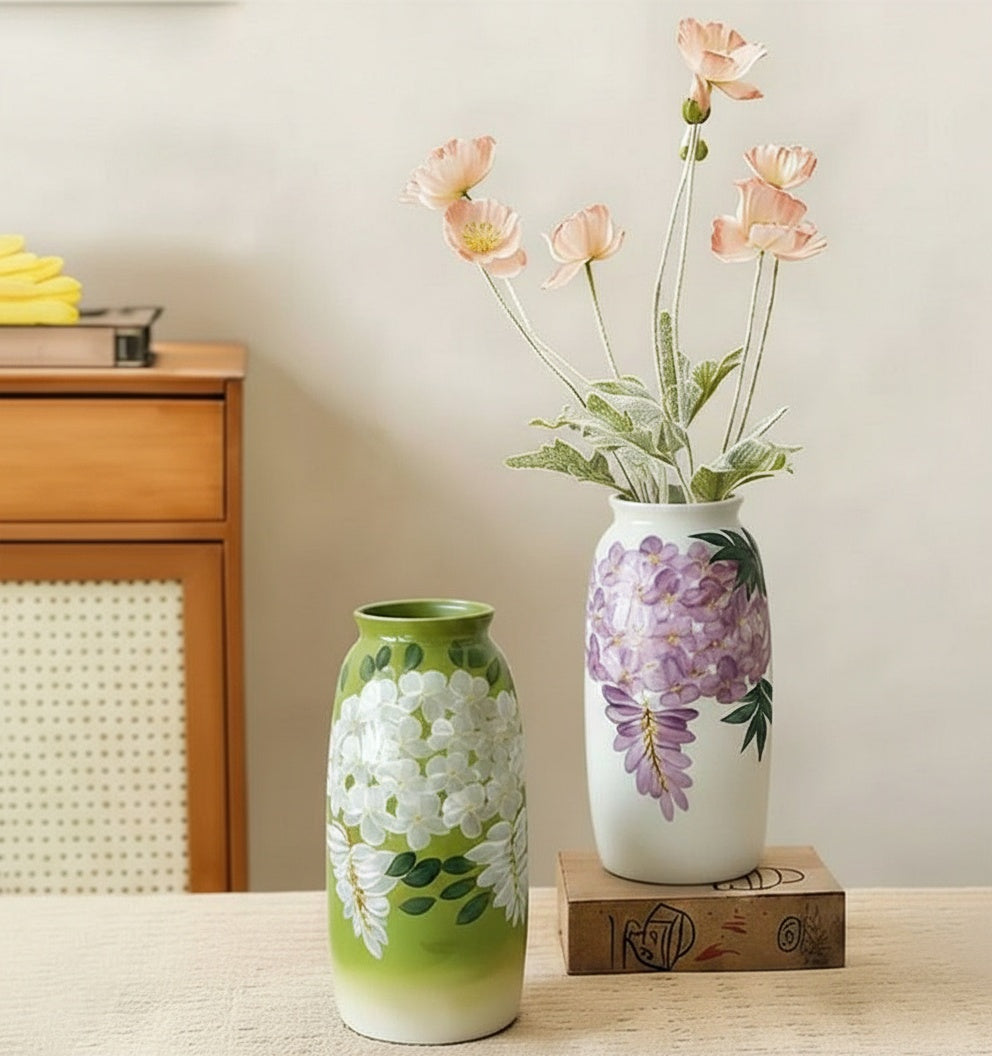 Lifestyle shot of floral ceramic vases in a home setting