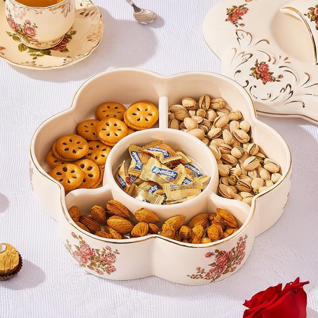 Overhead view of open ceramic serving dish with nuts and candies