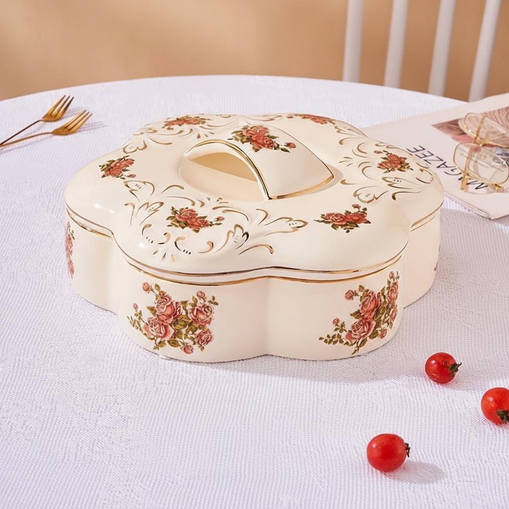 Closed flower-shaped serving dish on table
