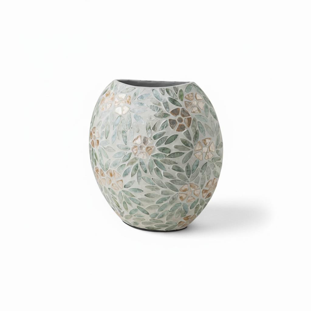 Front view of medium green and white mosaic vase