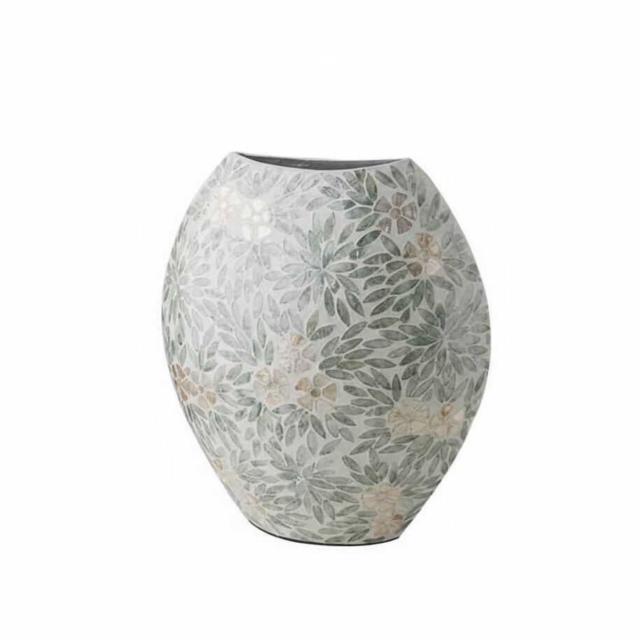 Angled view of oval ceramic vase with floral pattern