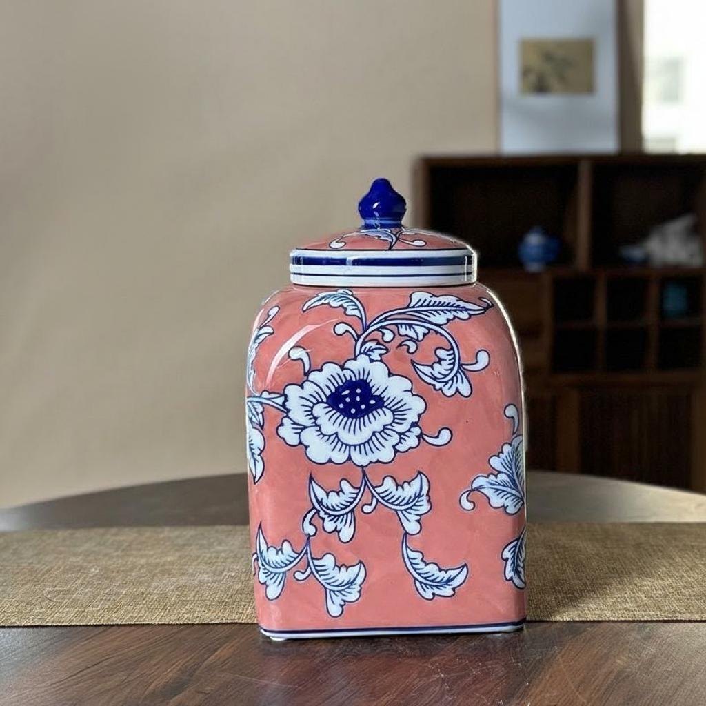 Pink rectangular ceramic ginger jar with blue floral pattern