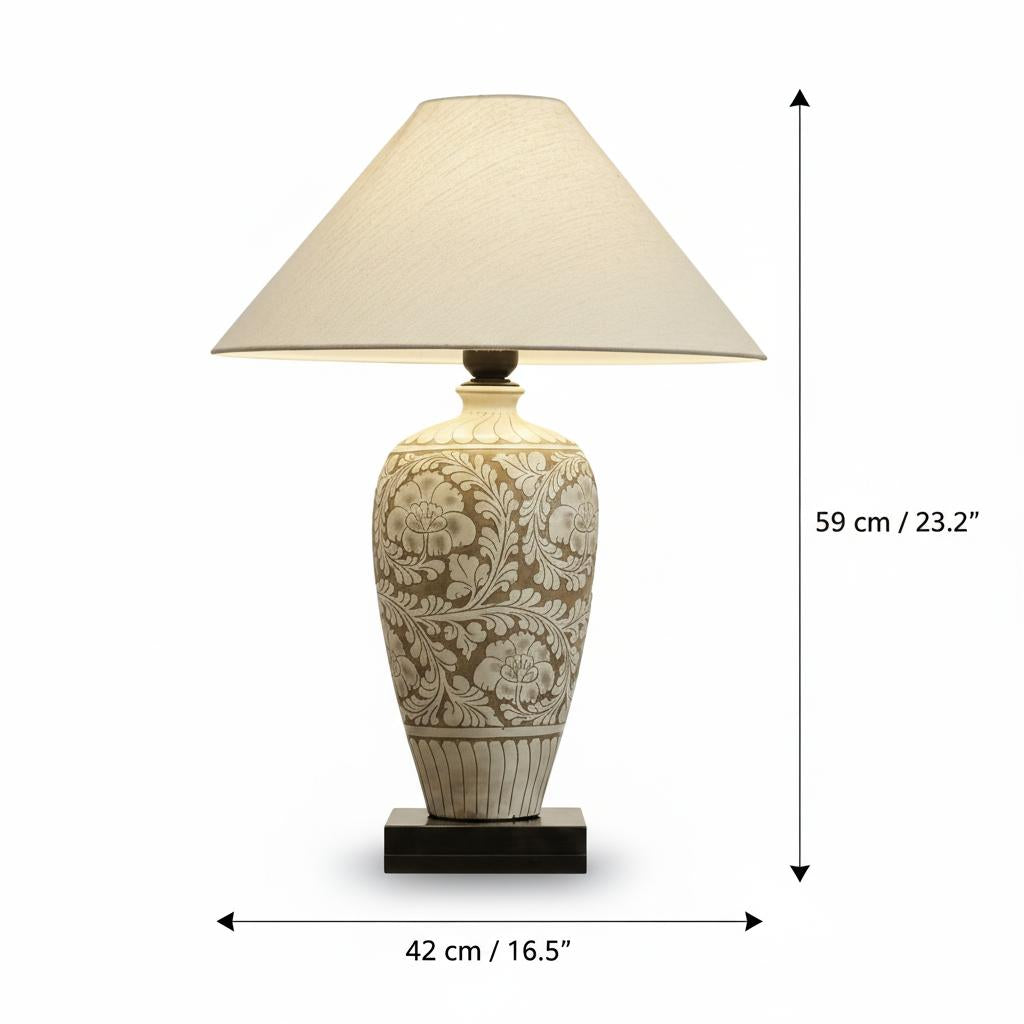 Ceramic floral relief table lamp with dimension overlay 59cm height