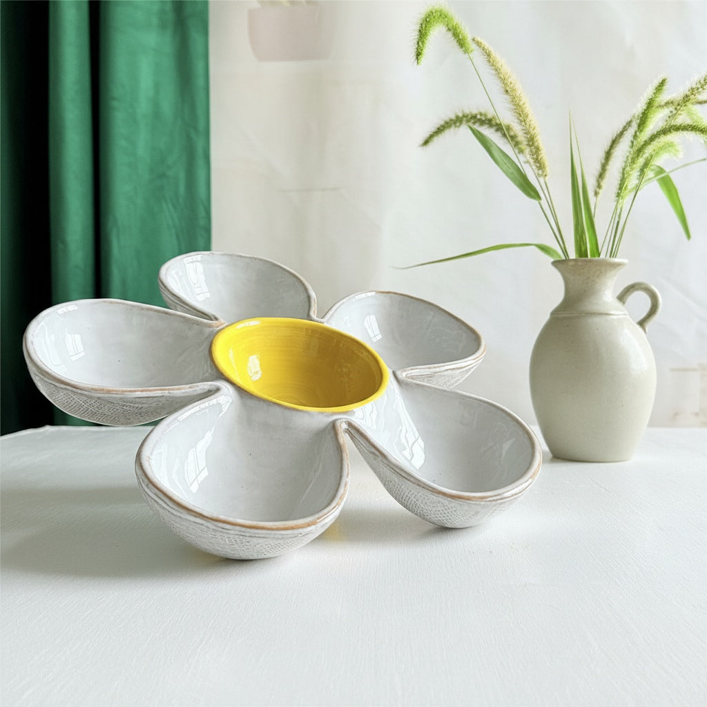 Ceramic Flower Shaped Serving Platter side angle on table