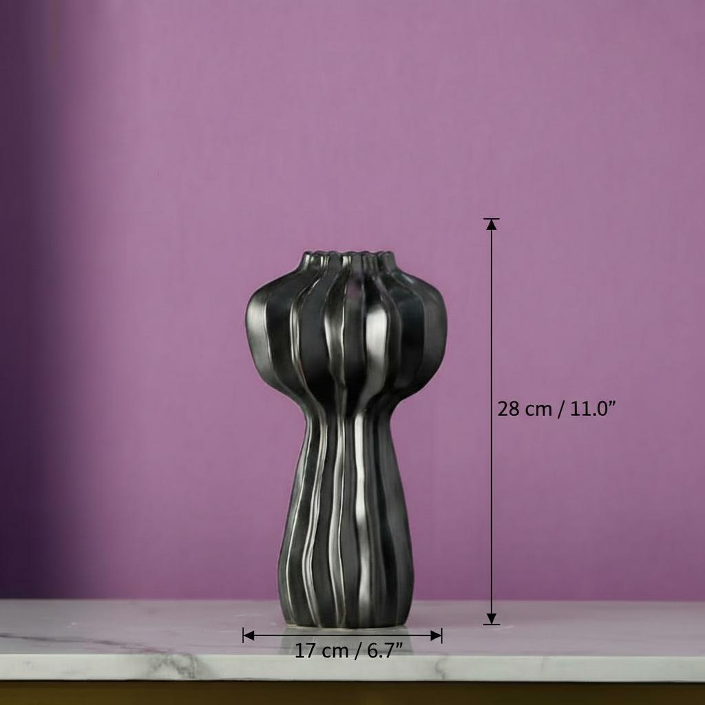 Dimensions of black metallic ceramic fluted vase