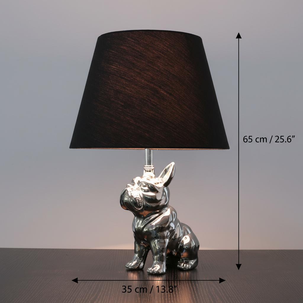 Dimensions diagram of ceramic French bulldog table lamp