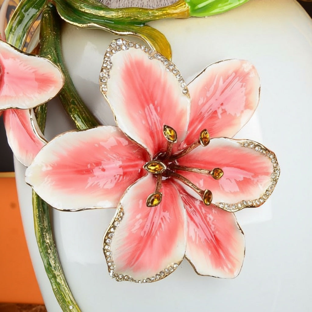Close up detail of pink lily relief with crystal accents