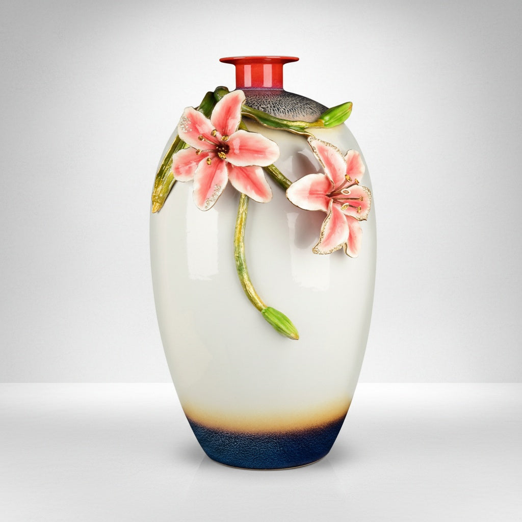 Full view of white and blue gradient ceramic vase with floral art
