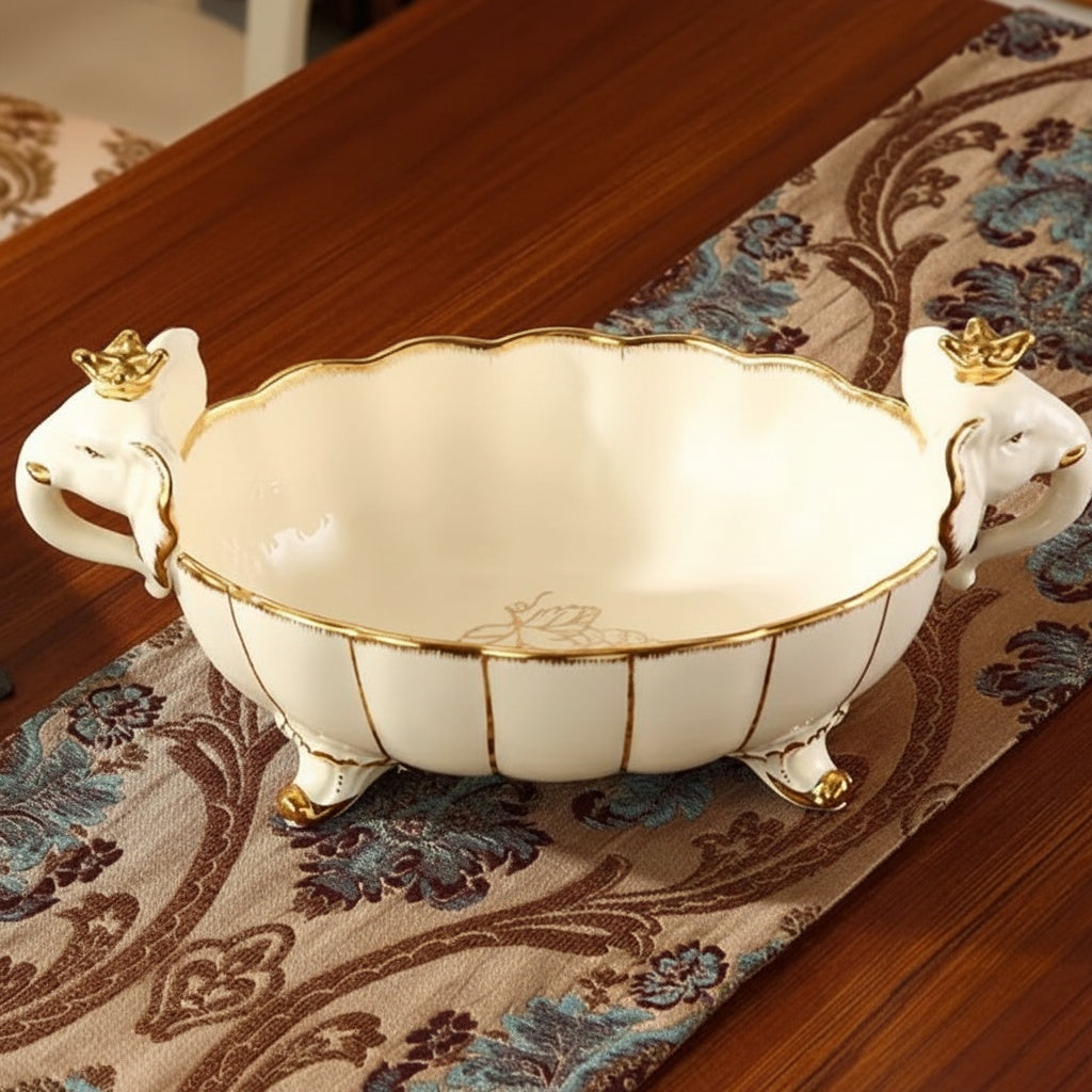 Ceramic and Gold Finish Elephant Handle Centerpiece Bowl