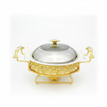 Front view of ceramic and gold chafing dish with lid closed