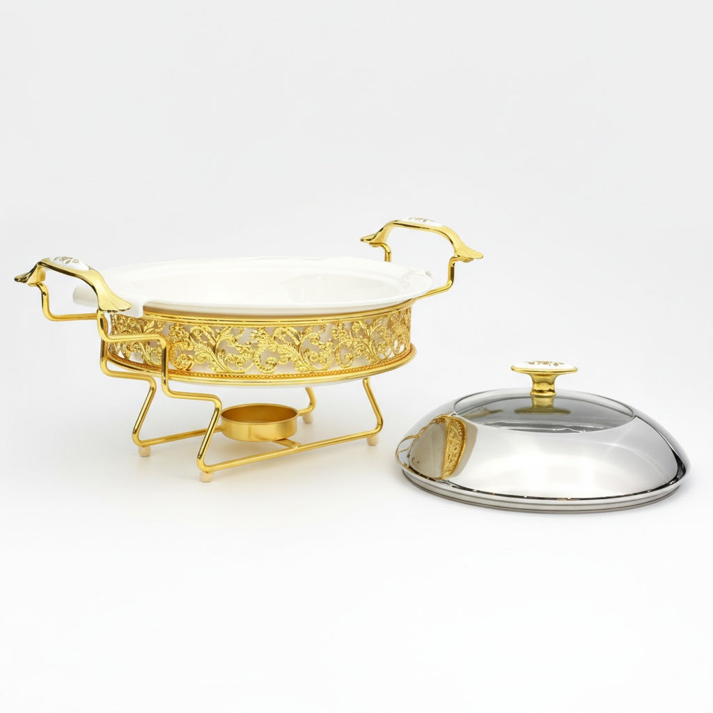 Disassembled view showing ceramic bowl gold stand and glass lid