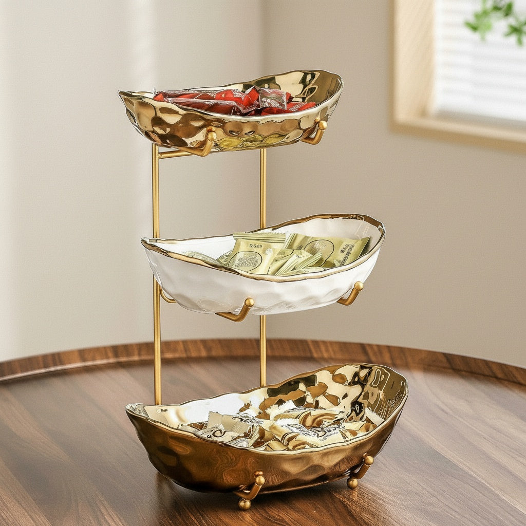 Gold ceramic and metal tiered snack organizer