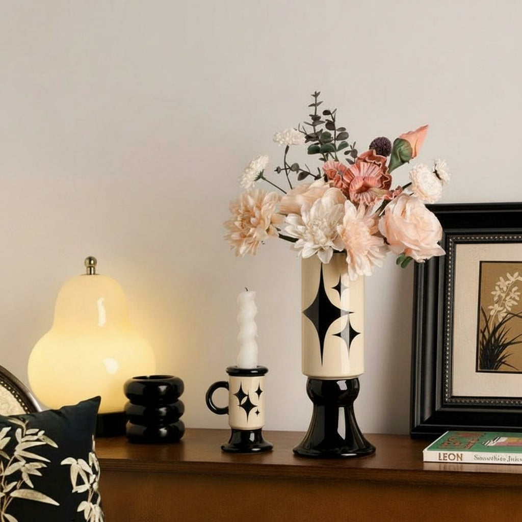 Ceramic Patterned Pedestal Vase And Candle Holder Lifestyle