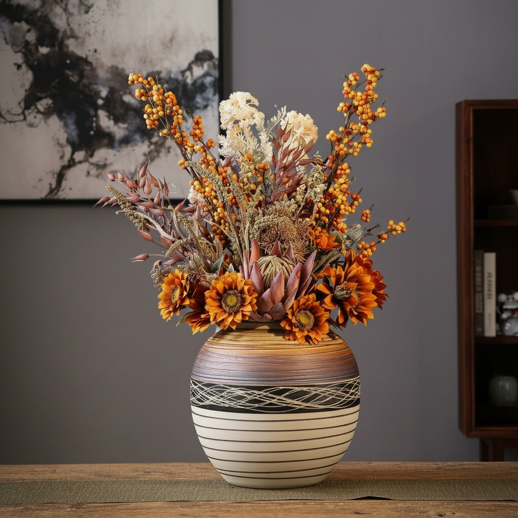 Ceramic Spherical Decorative Vase with Dried Flowers