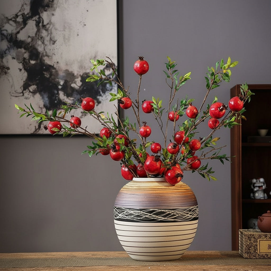 Ceramic Spherical Decorative Vase with Red Pomegranate Branches