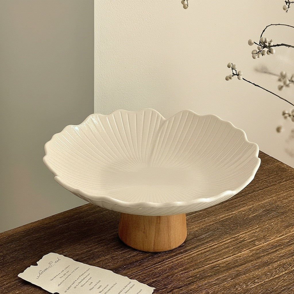 Off-White Ceramic & Wood Pedestal Bowl