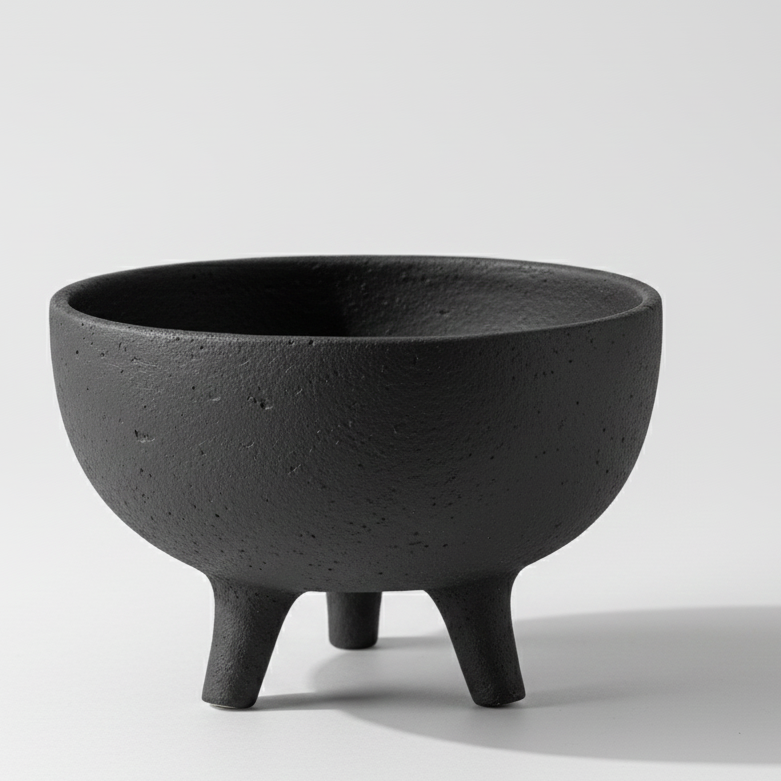 Charcoal black ceramic tripod bowl with a sculptural matte texture and elevated pedestal design for minimalist interiors.