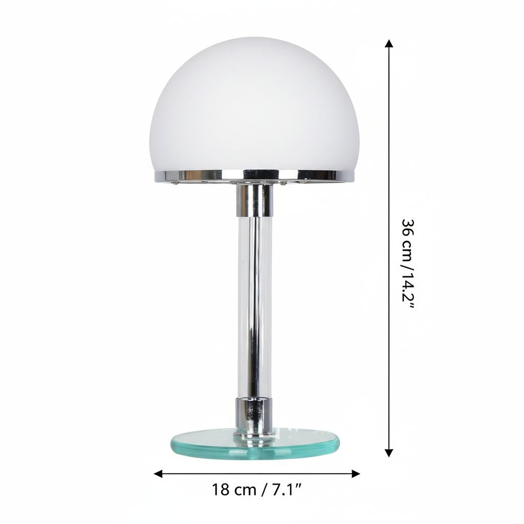 Dimensions diagram of chrome and glass table lamp