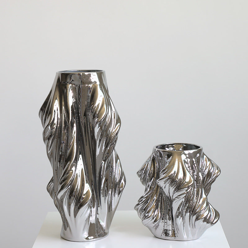 Chrome silver ceramic twisted sculptural vase set