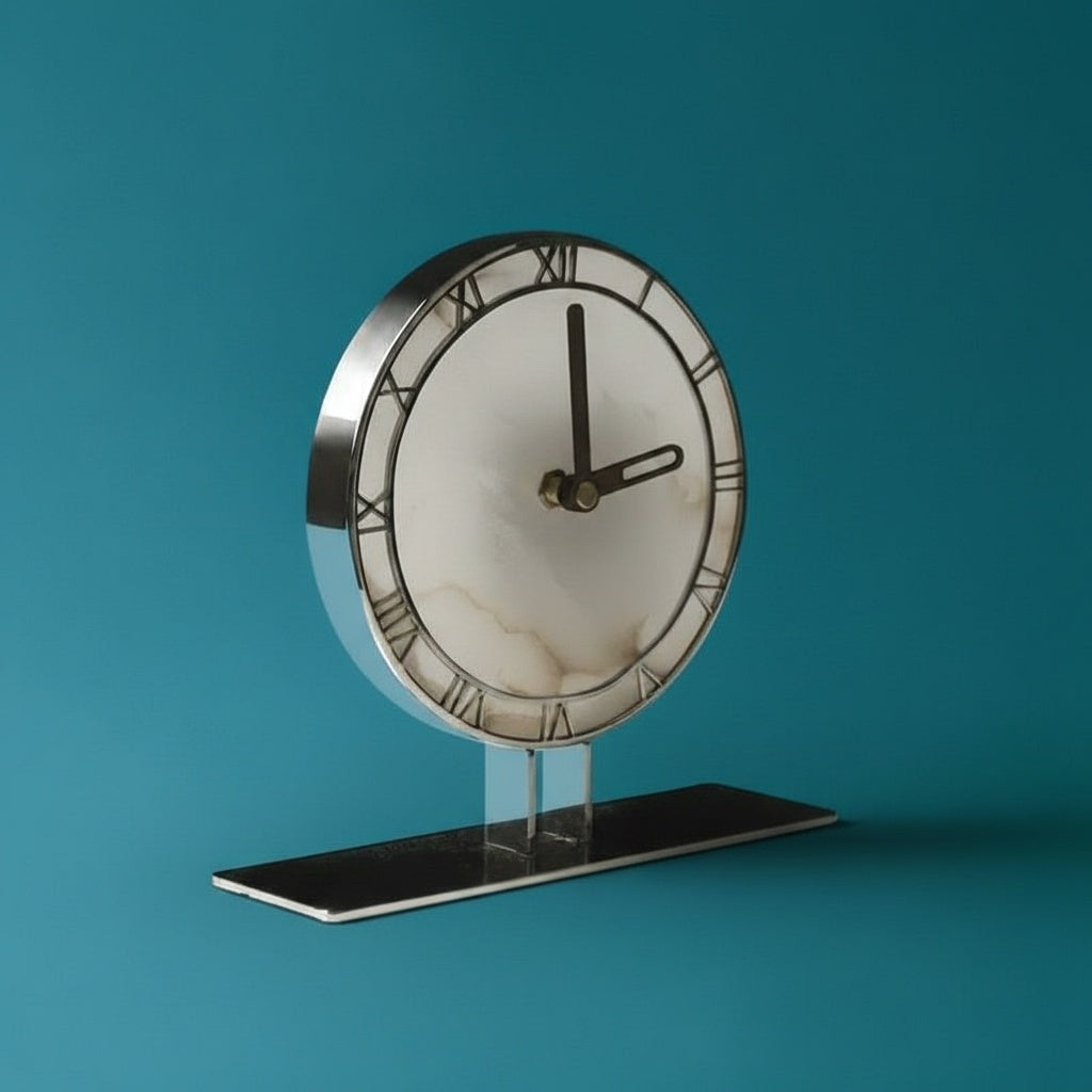 Angled view of polished chrome and white stone table clock