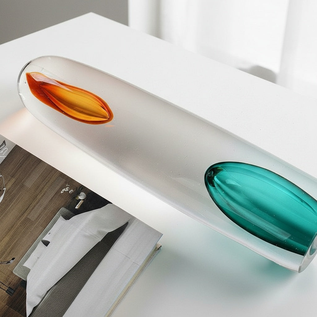 Detail of solid glass sculpture lying flat showing depth and clarity
