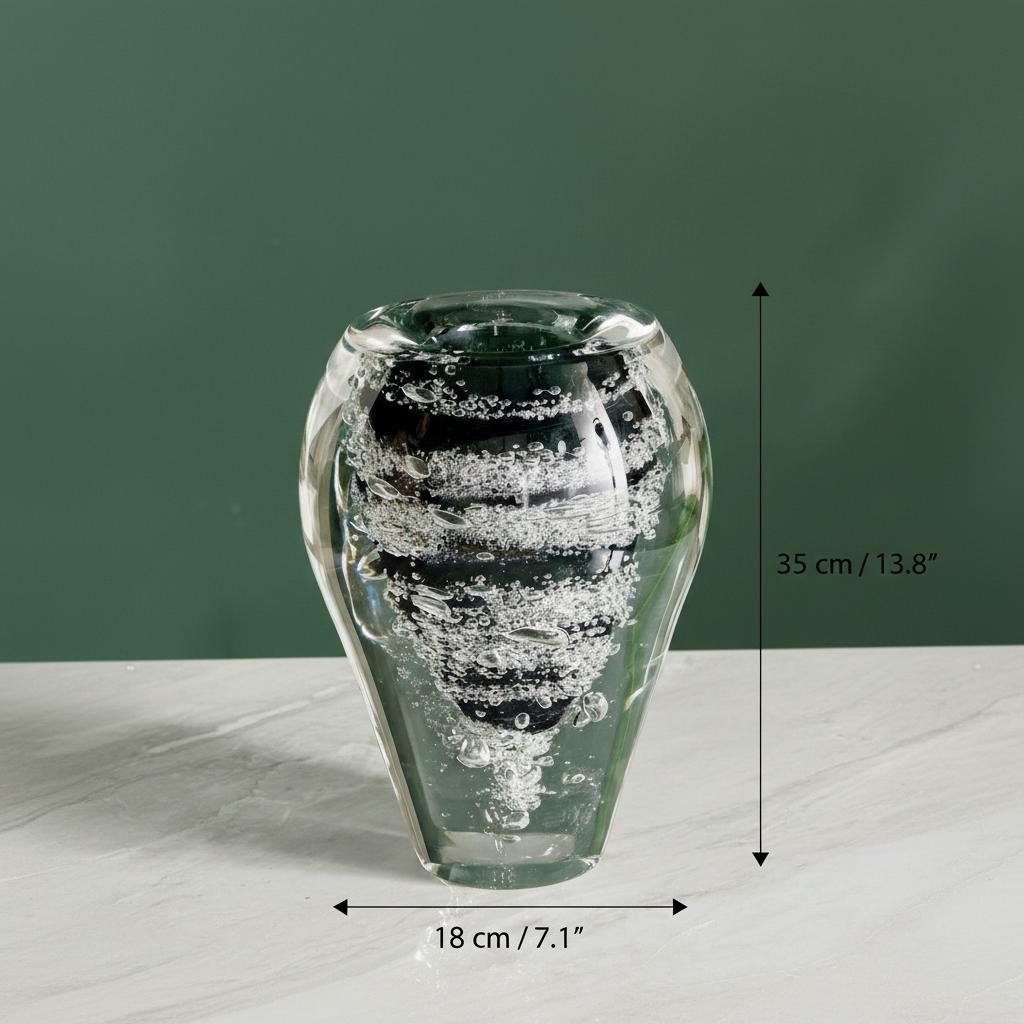 Dimensions of the large clear and black bubble glass vase
