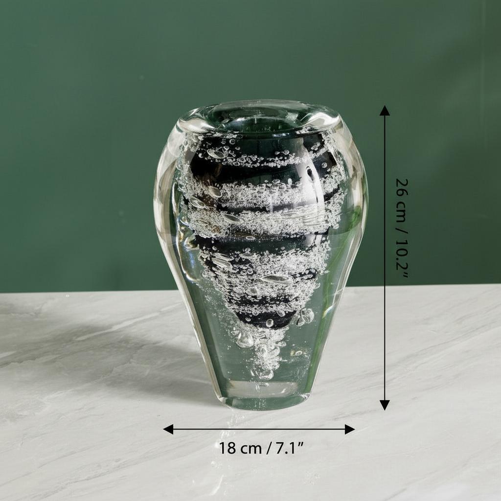 Dimensions of the medium clear and black bubble glass vase