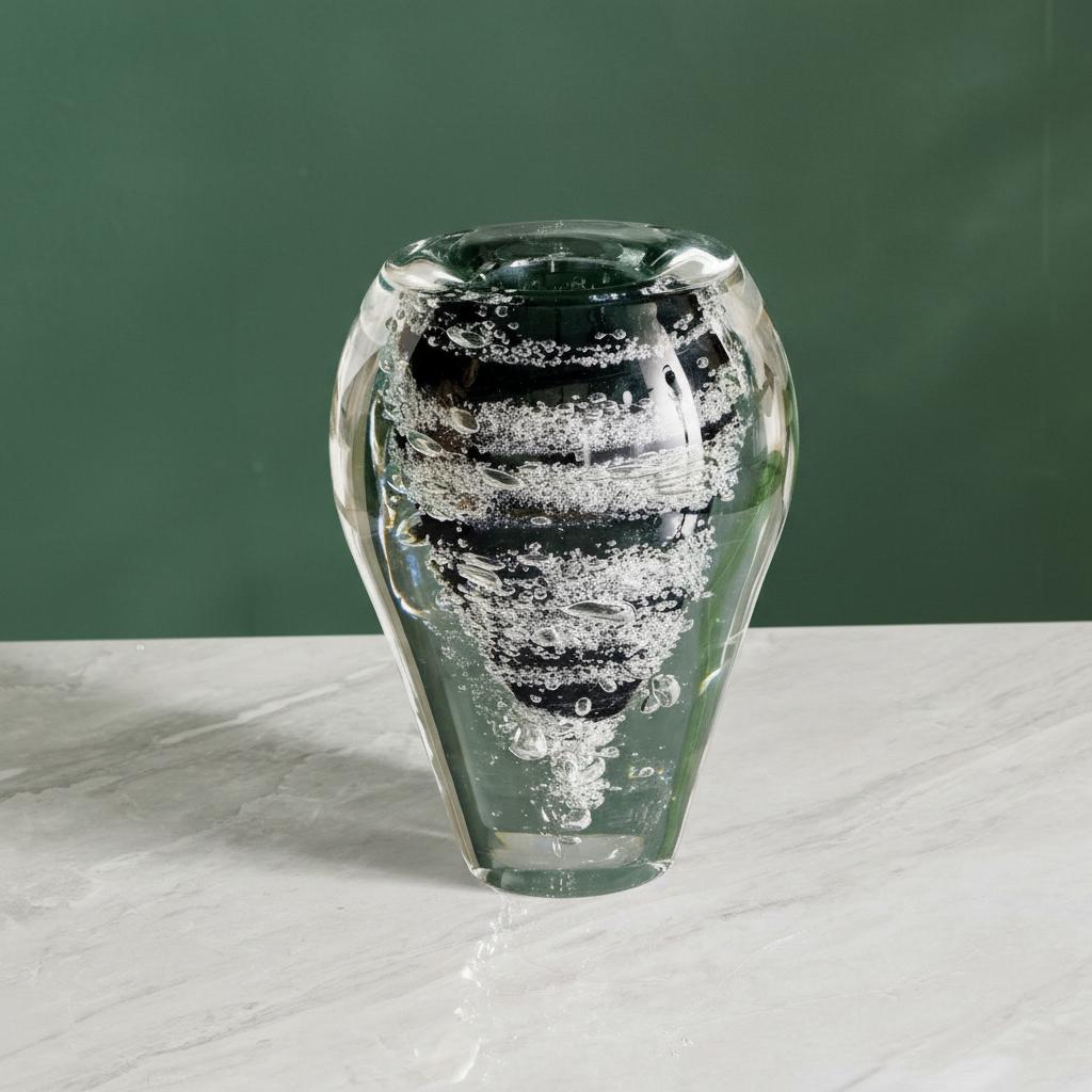 Solo shot of the medium black swirl art glass vase