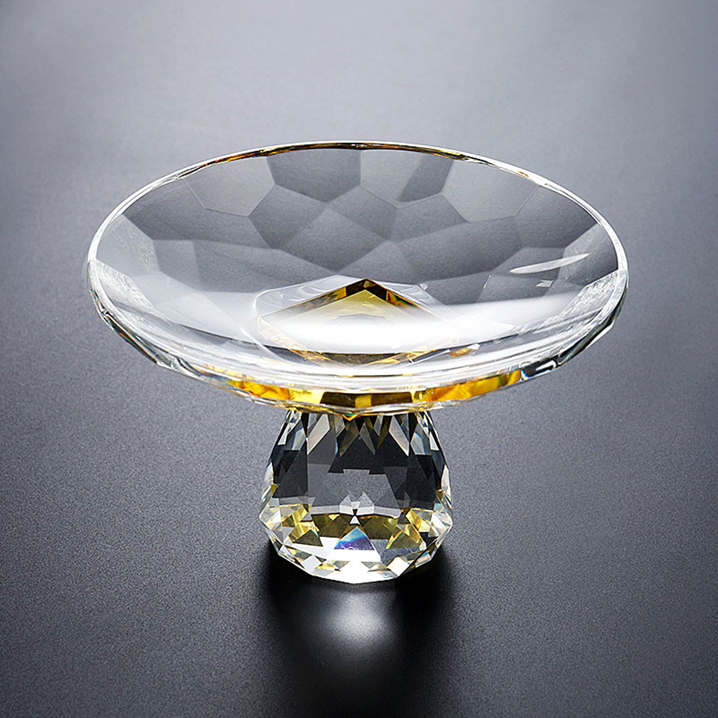 Side view of pedestal crystal dish highlighting clarity