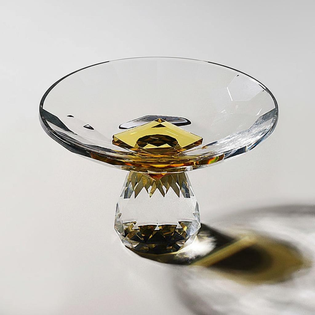 Top down view of crystal bowl with gold amber square detail