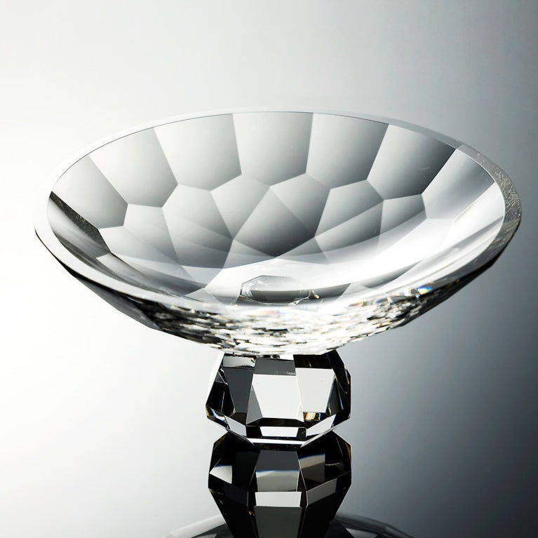 Front view of crystal compote bowl showing faceted details