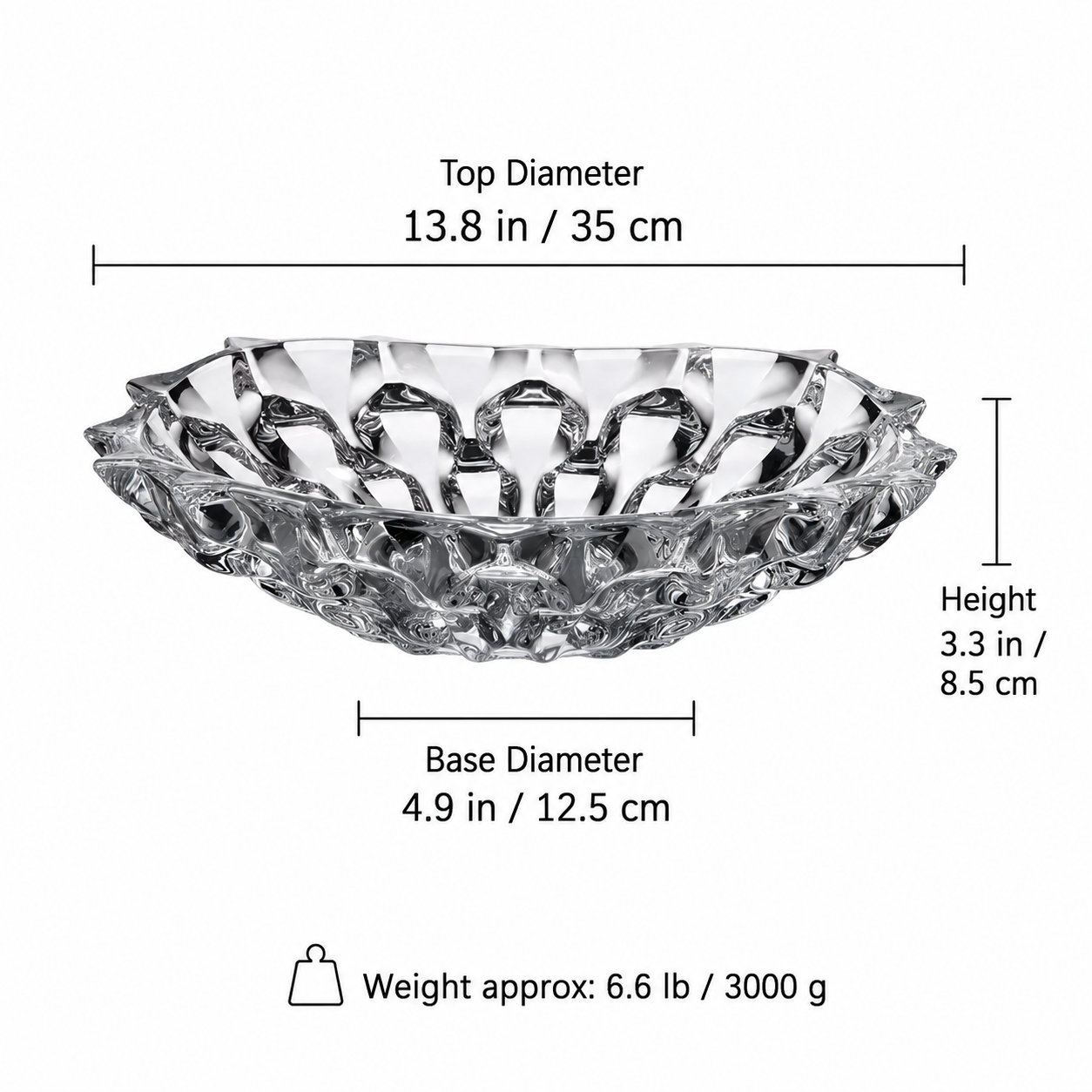 Clear crystal glass fruit bowl size details with 13.8 in top diameter and 3.3 in height