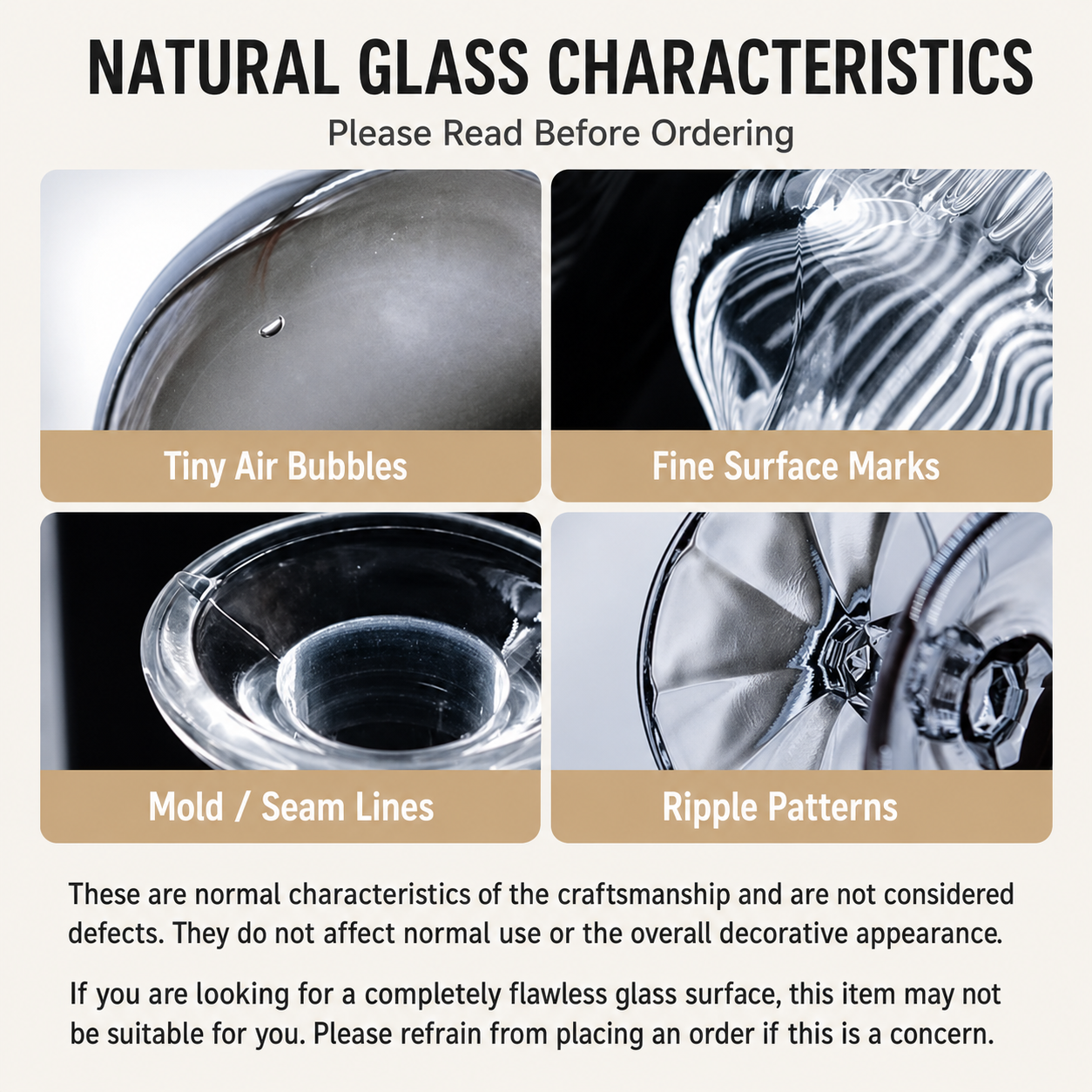 Natural glass characteristics guide showing tiny air bubbles, surface marks, mold lines and ripple patterns