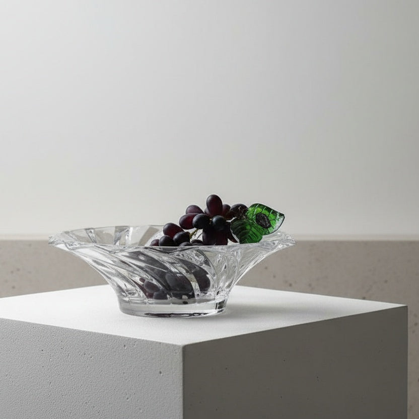 Clear crystal glass bowl refracting natural light