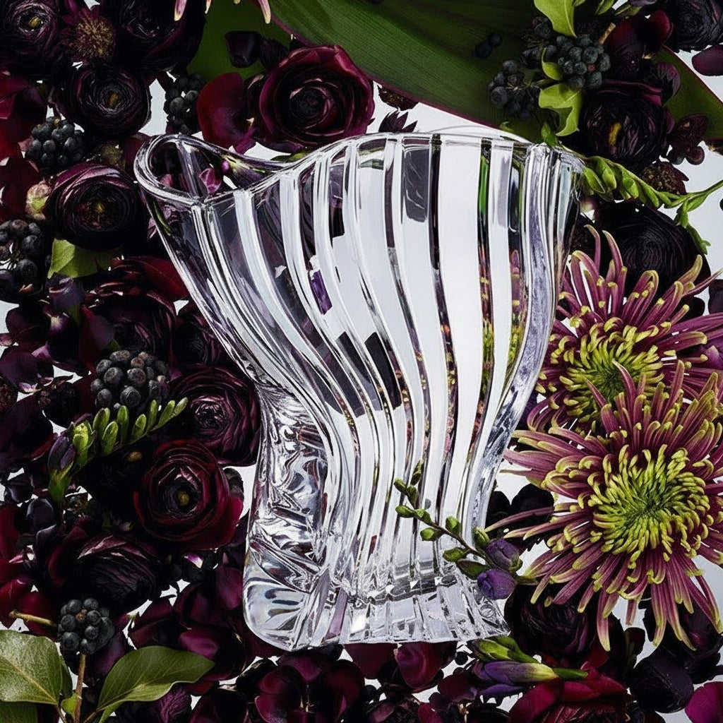 Clear crystal sculptural vase surrounded by dark purple flowers