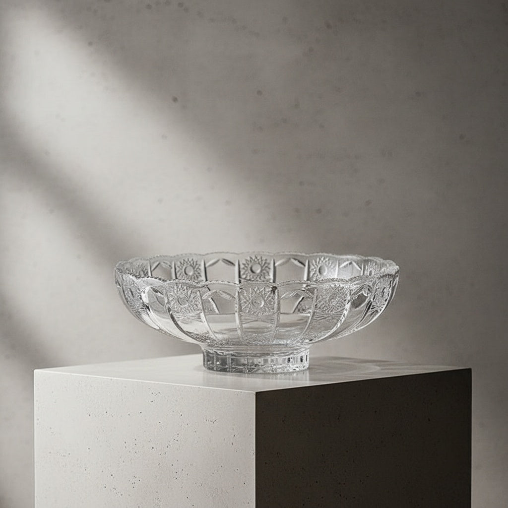 Hands holding empty clear cut glass bowl showing transparency and pattern