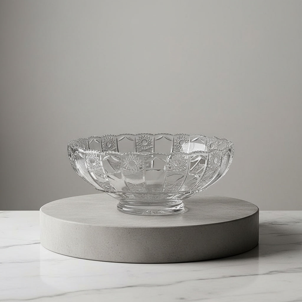Angled side view of footed clear cut glass bowl showcasing rim details