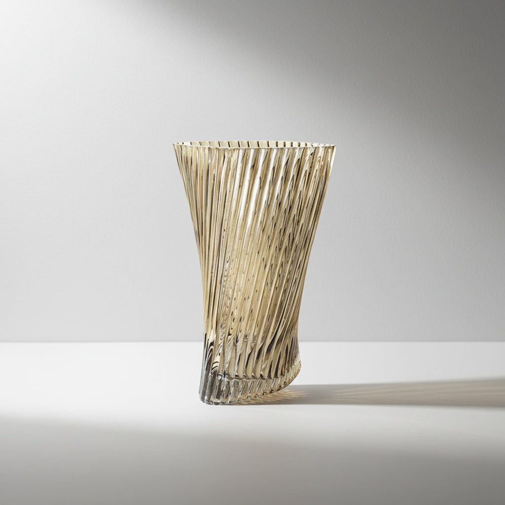 Clear fluted glass flared vase empty on a white background