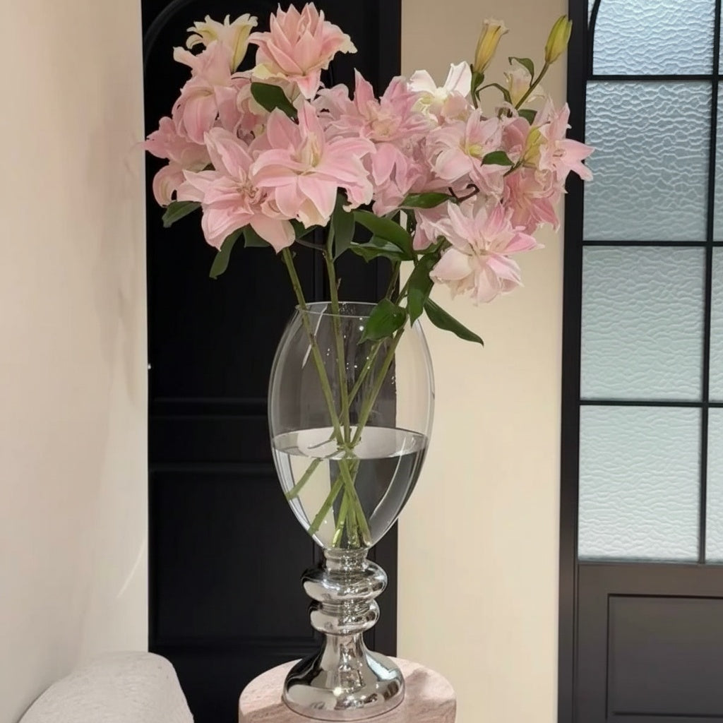 Clear Glass And Polished Metal Pedestal Vase