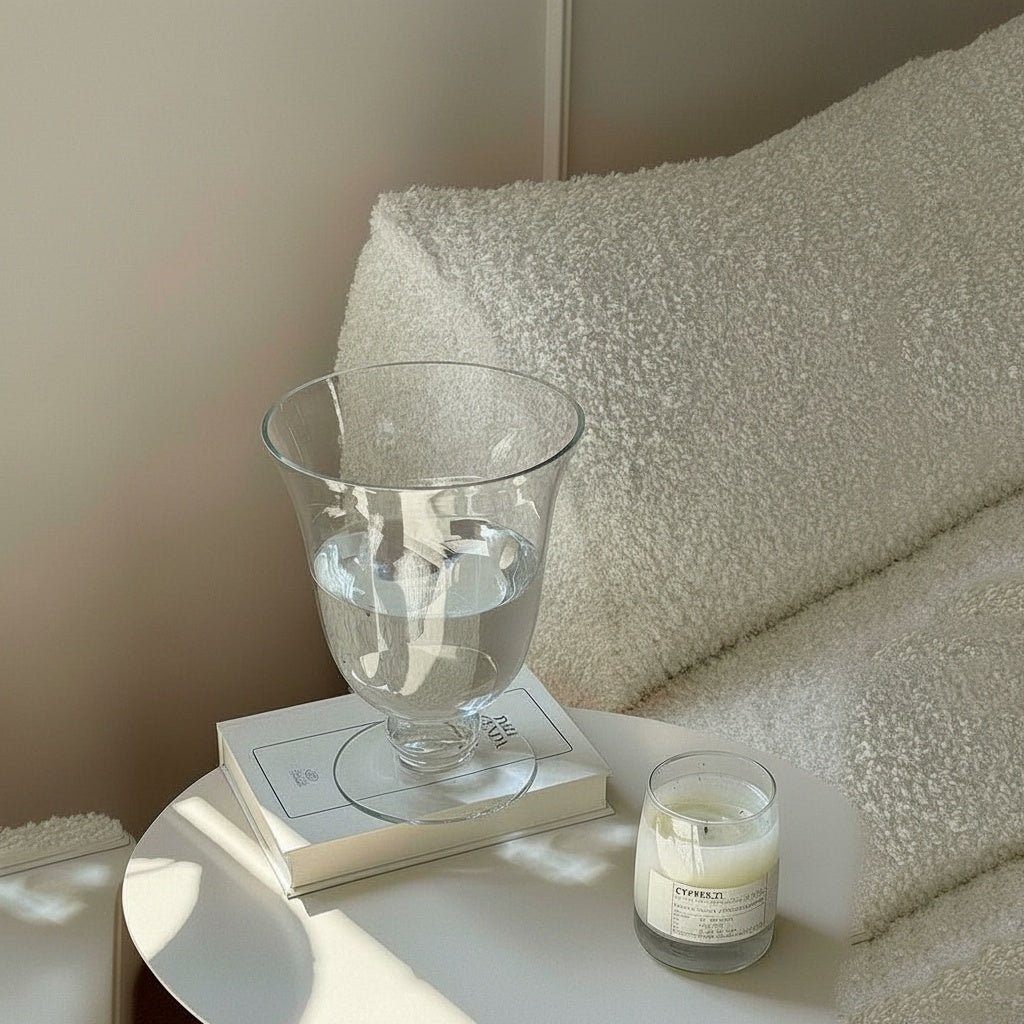Clear Glass Flared Pedestal Vase on Side Table