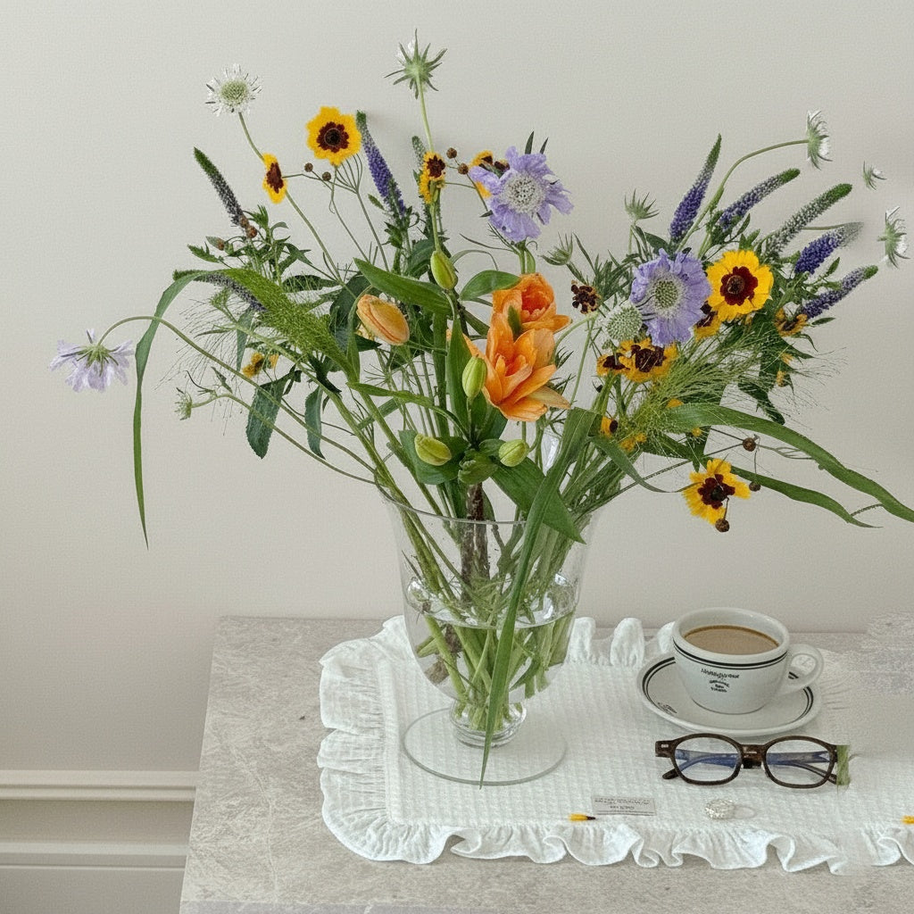 Clear Glass Flared Pedestal Vase with Floral Arrangement