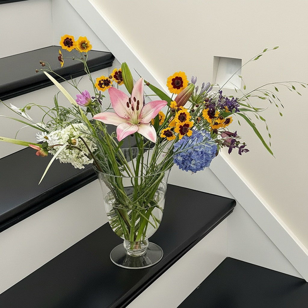 Clear Glass Flared Pedestal Vase on Staircase