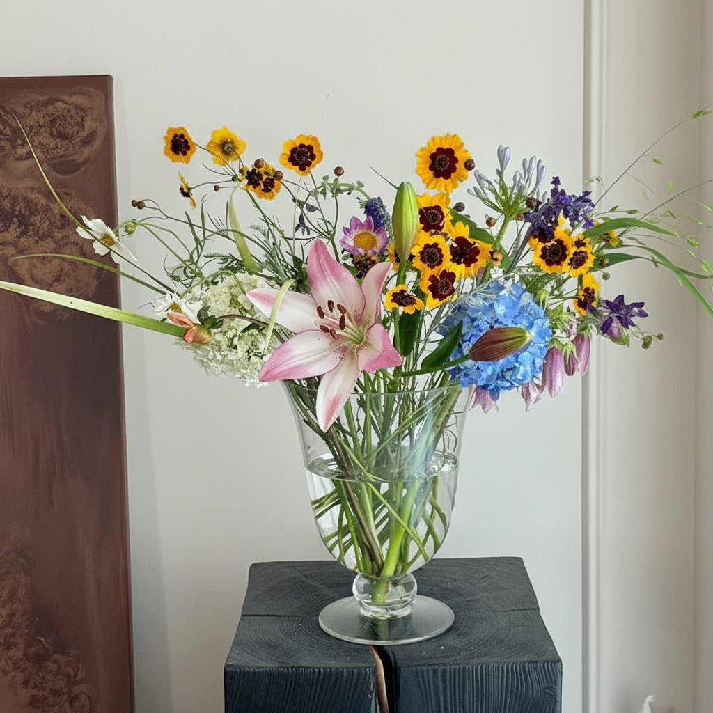Clear Glass Flared Pedestal Vase on Wooden Block