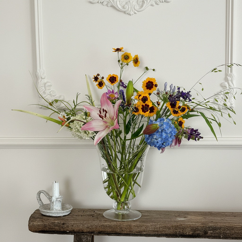 Clear Glass Flared Pedestal Vase on Bench