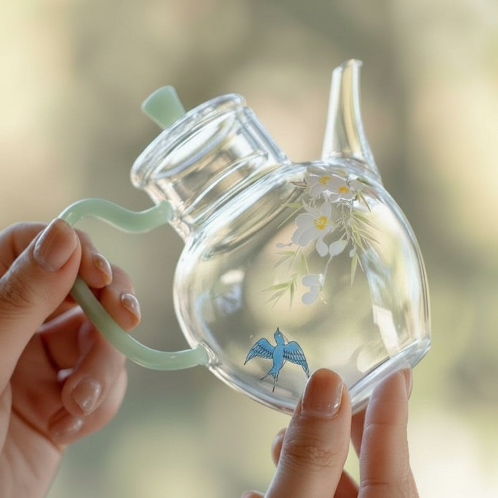 Clear Glass Floral And Bird Motif Teapot