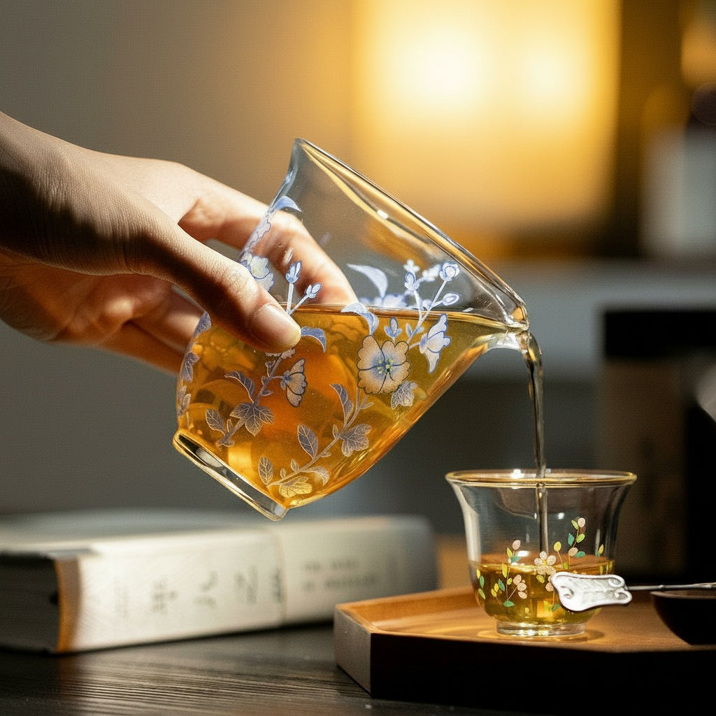 Clear Glass Floral Tea Pitcher Pouring Tea