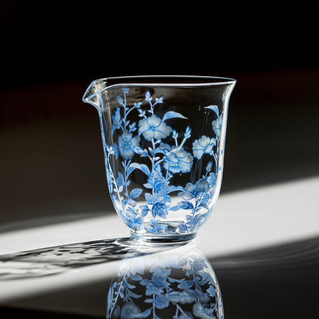 Clear Glass Floral Tea Pitcher With Blue Flowers
