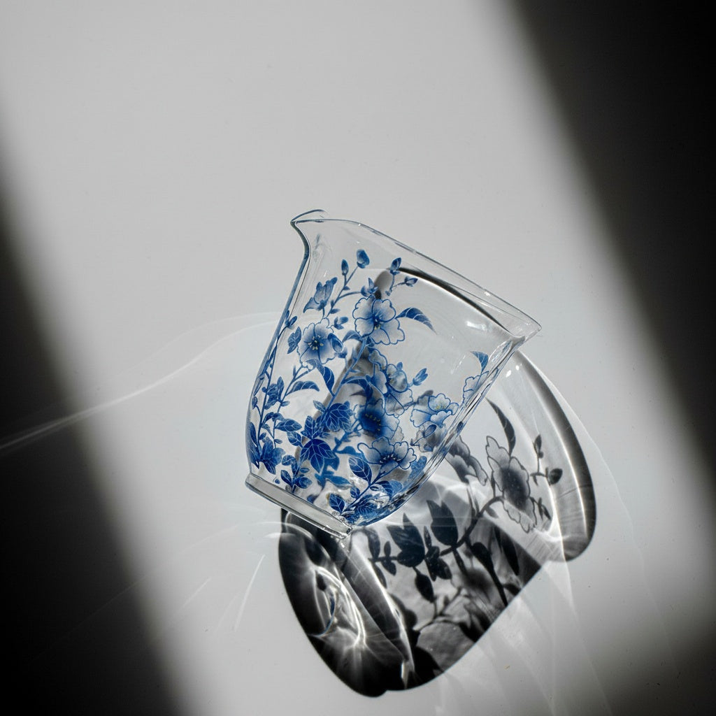 Clear Glass Floral Tea Pitcher Top View Shadow